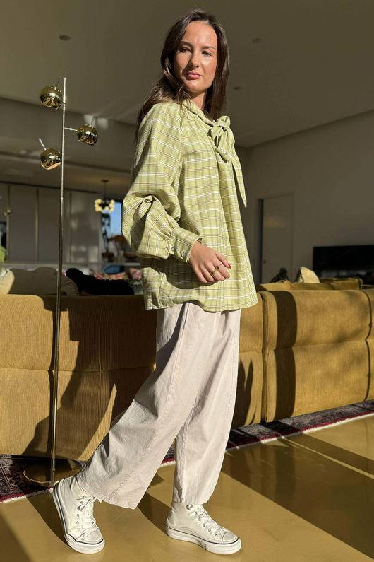 Ophelia Plaid Tie Neck Blouse Soft Lime